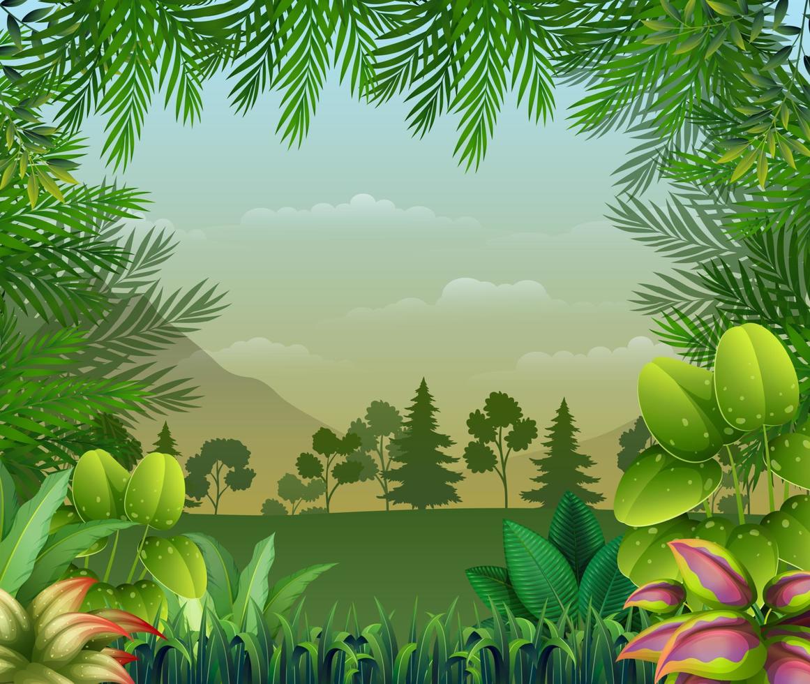 fondo de selva tropical con árboles y hojas vector