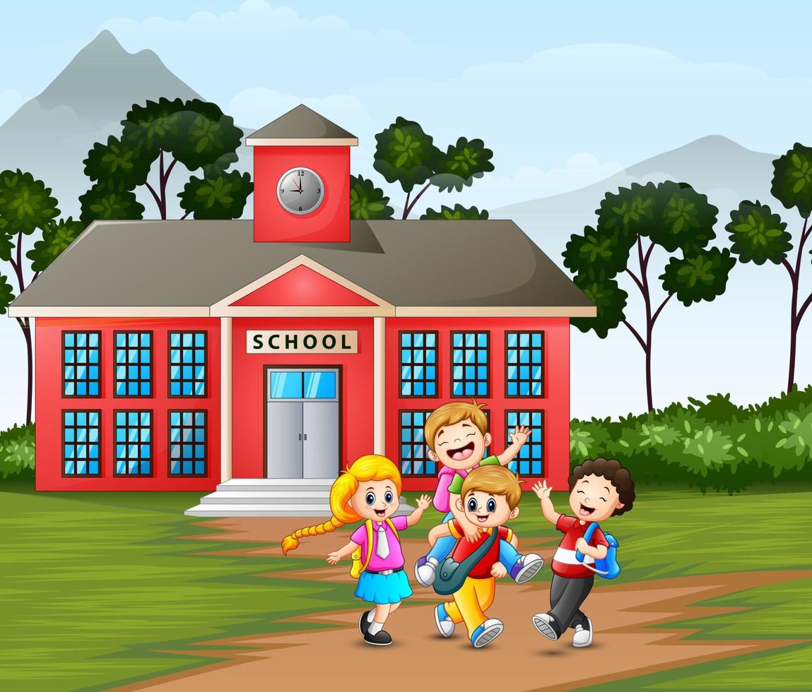 Happy children in front of the school vector