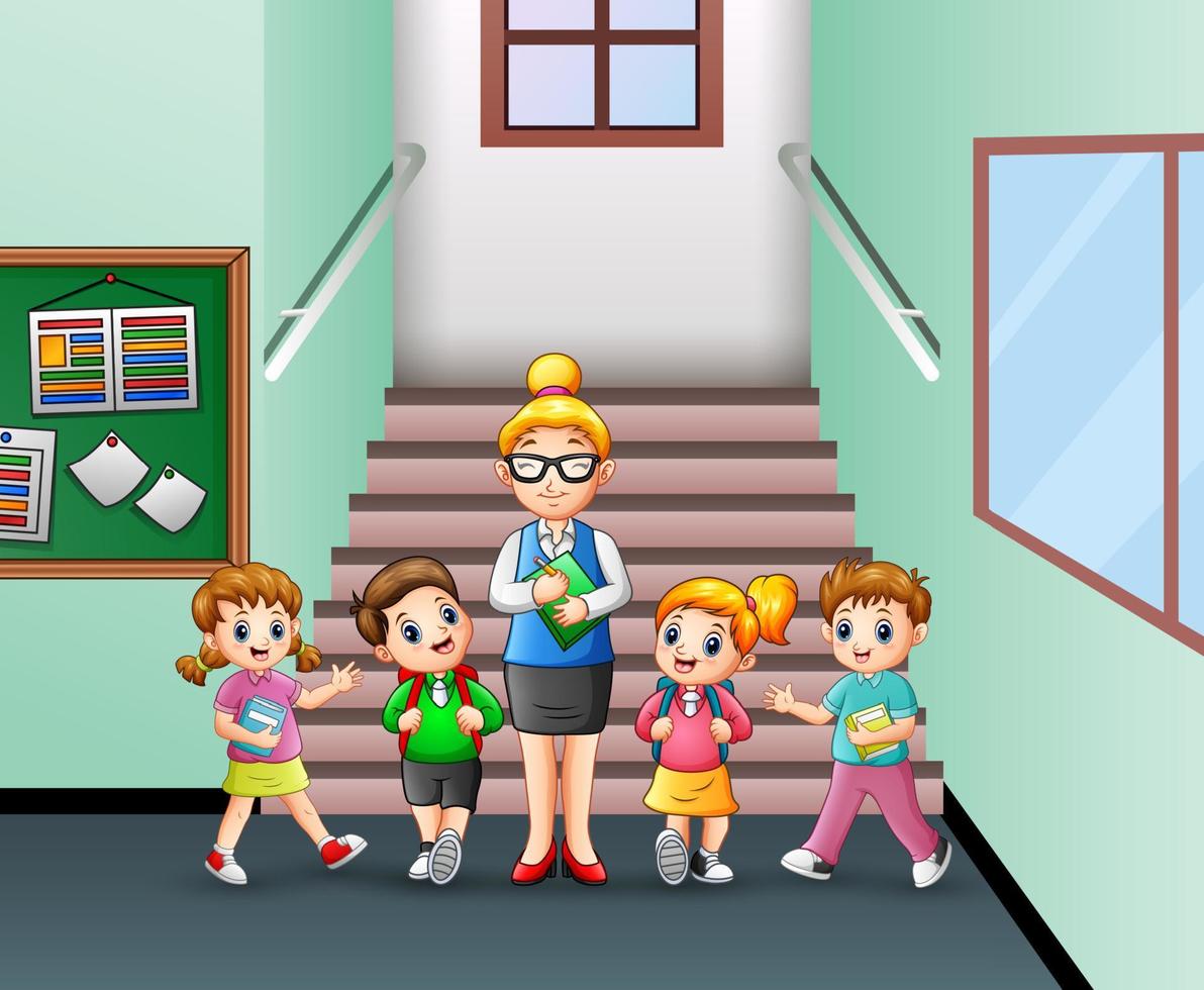 Student standing with teacher in the school vector
