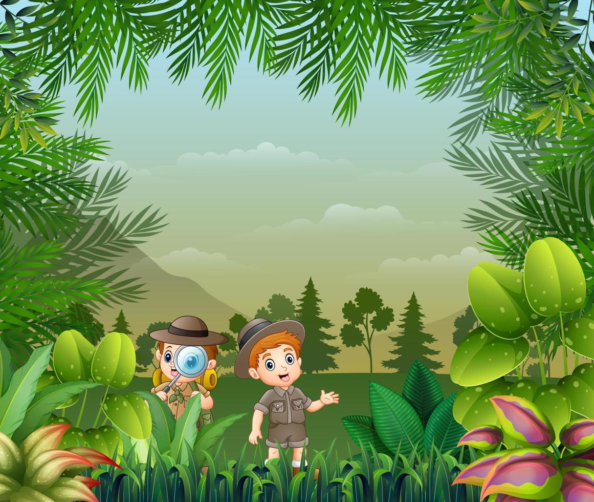 Landscape background with the explorer kids vector