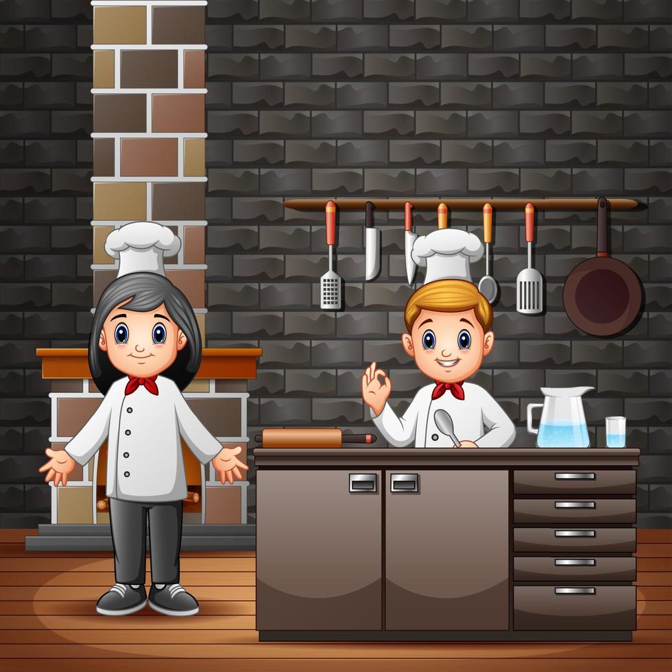 Male and female chefs with uniform in the kitchen vector