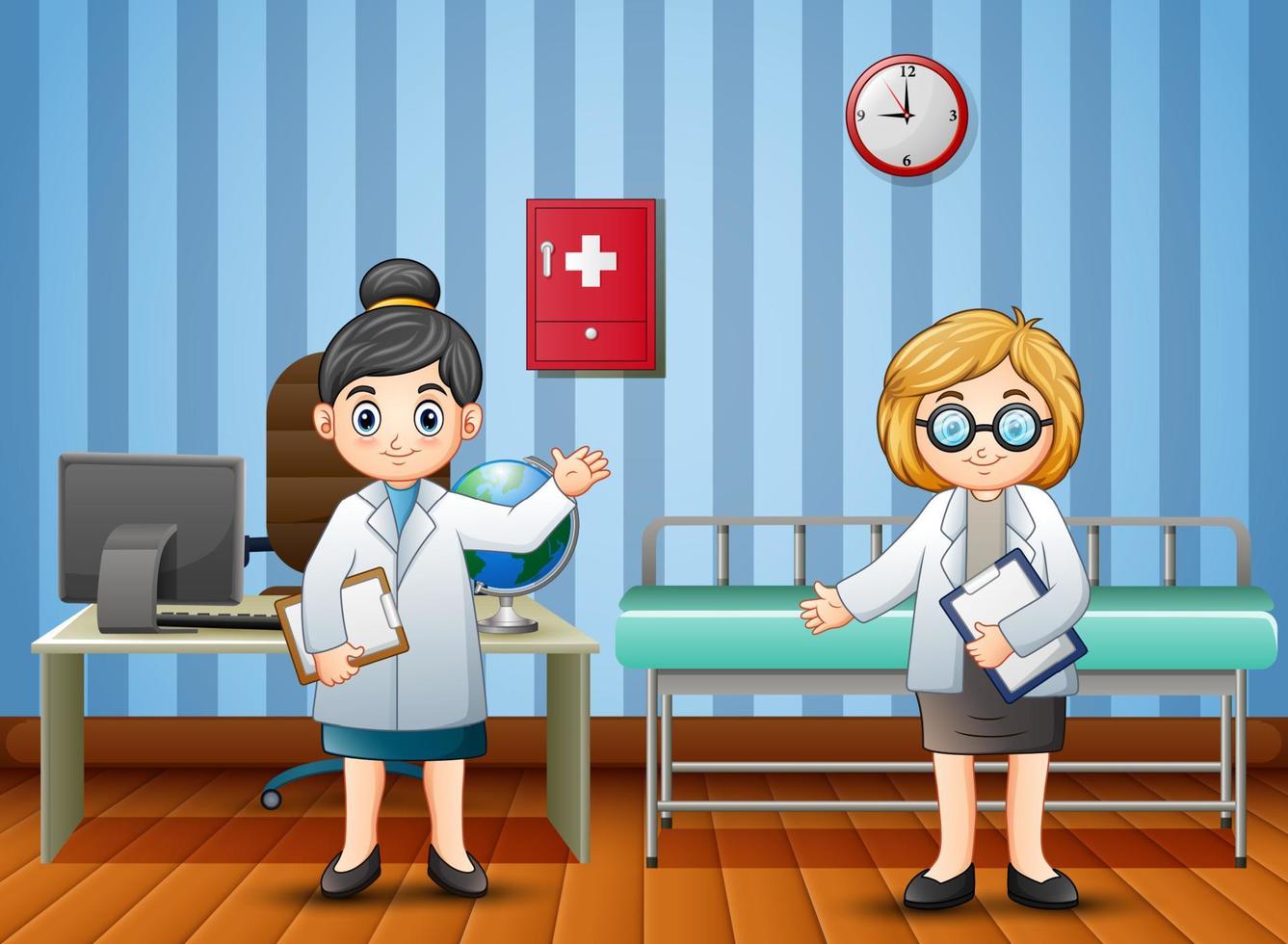 médico de dibujos animados y enfermera en el hospital vector