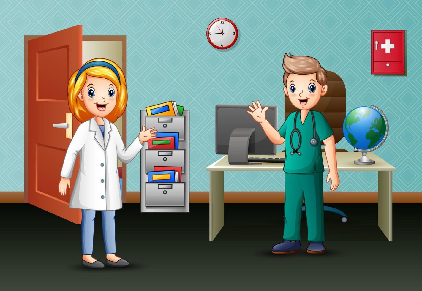 The surgeon talking with nurse in office room vector