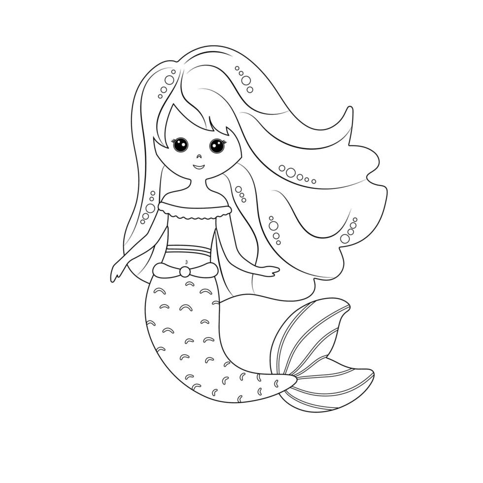 Cute little mermaid with long hair . Coloring book for children. Vector black and white coloring page.