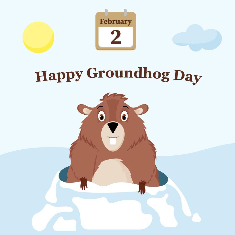 Happy Groundhog Day. Design with a cute groundhog character that pops out of a hole. Vector illustration.