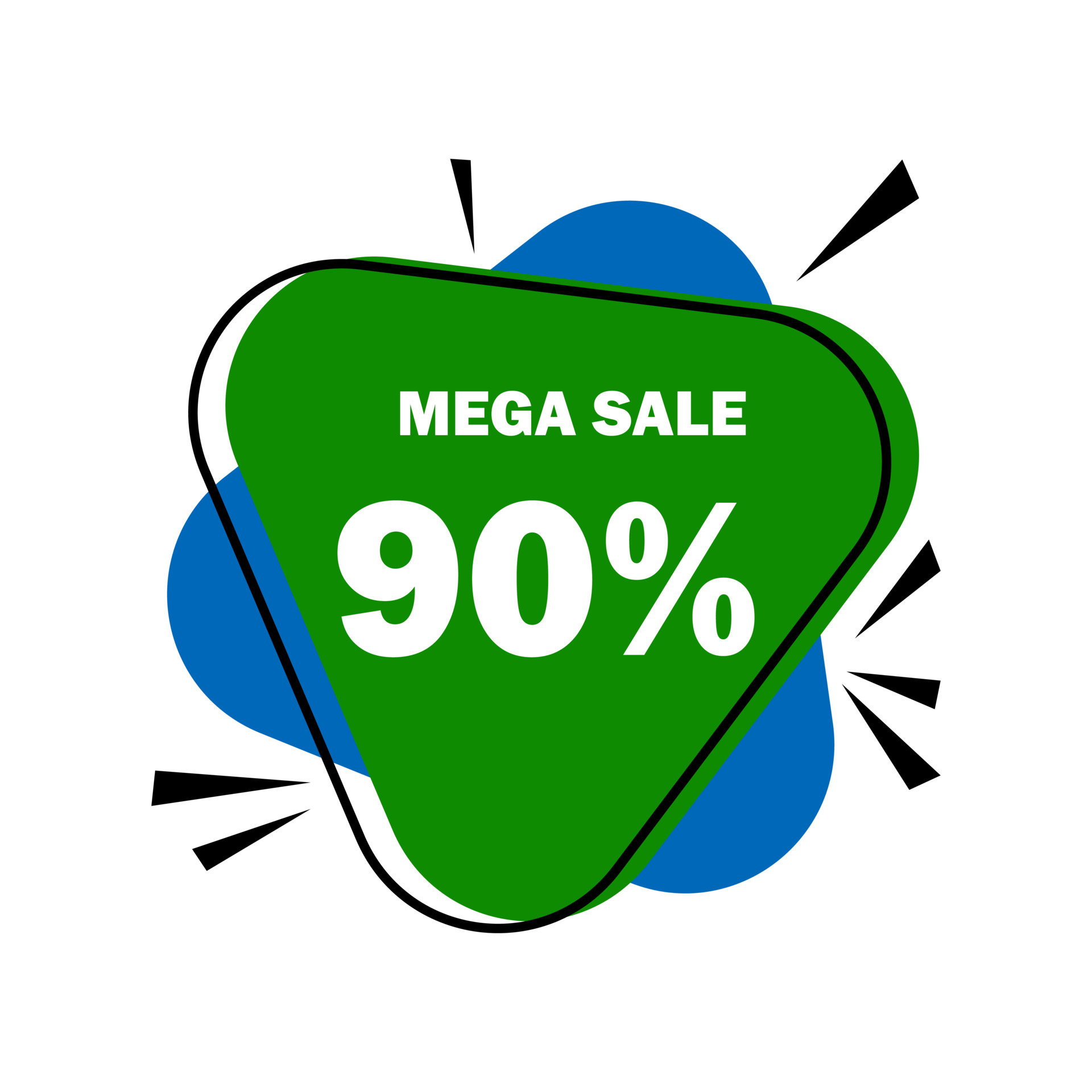 special offer sale GREEN tag set in white background. discount 90