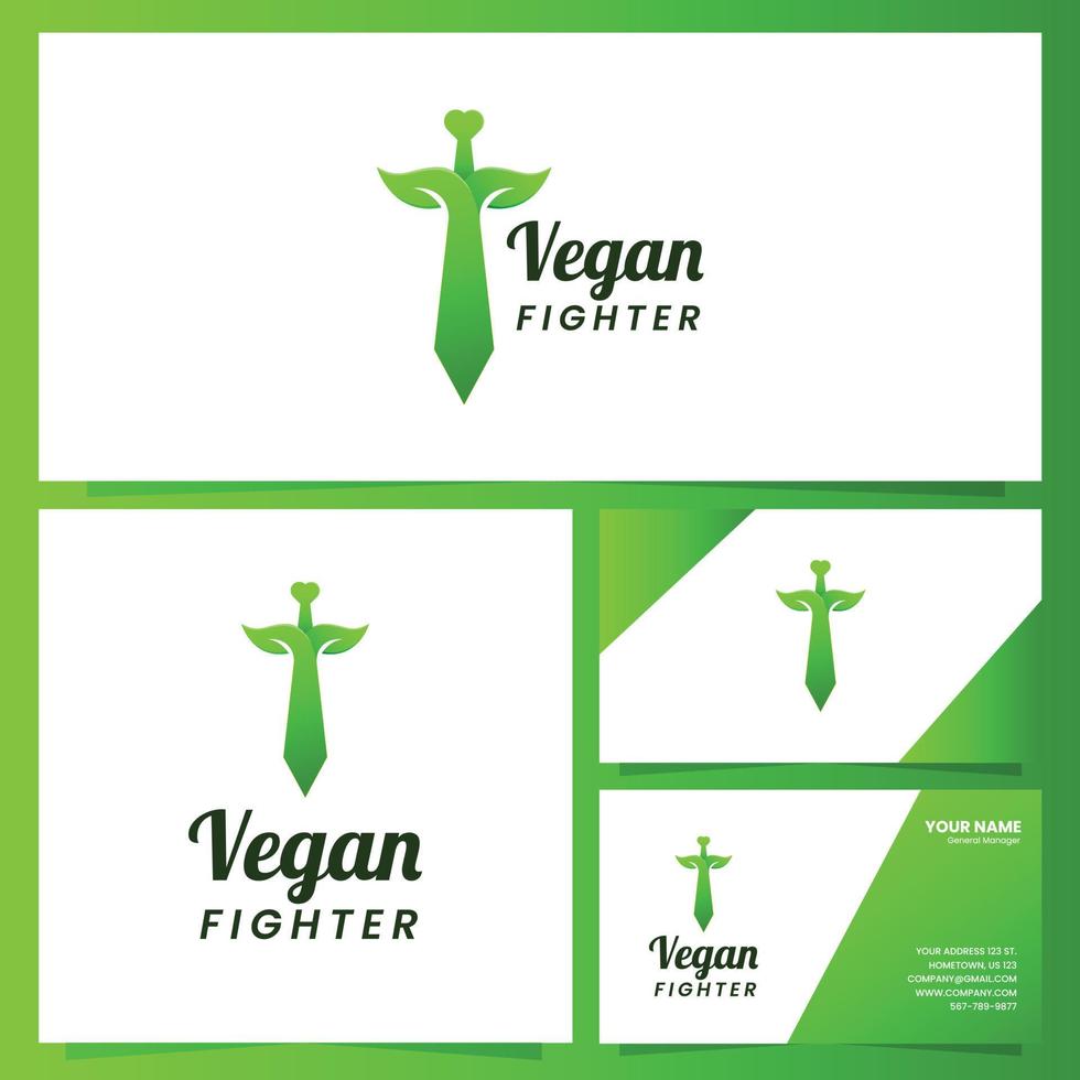 paquete de marca y diseño de logotipo de luchador vegano de espada vector