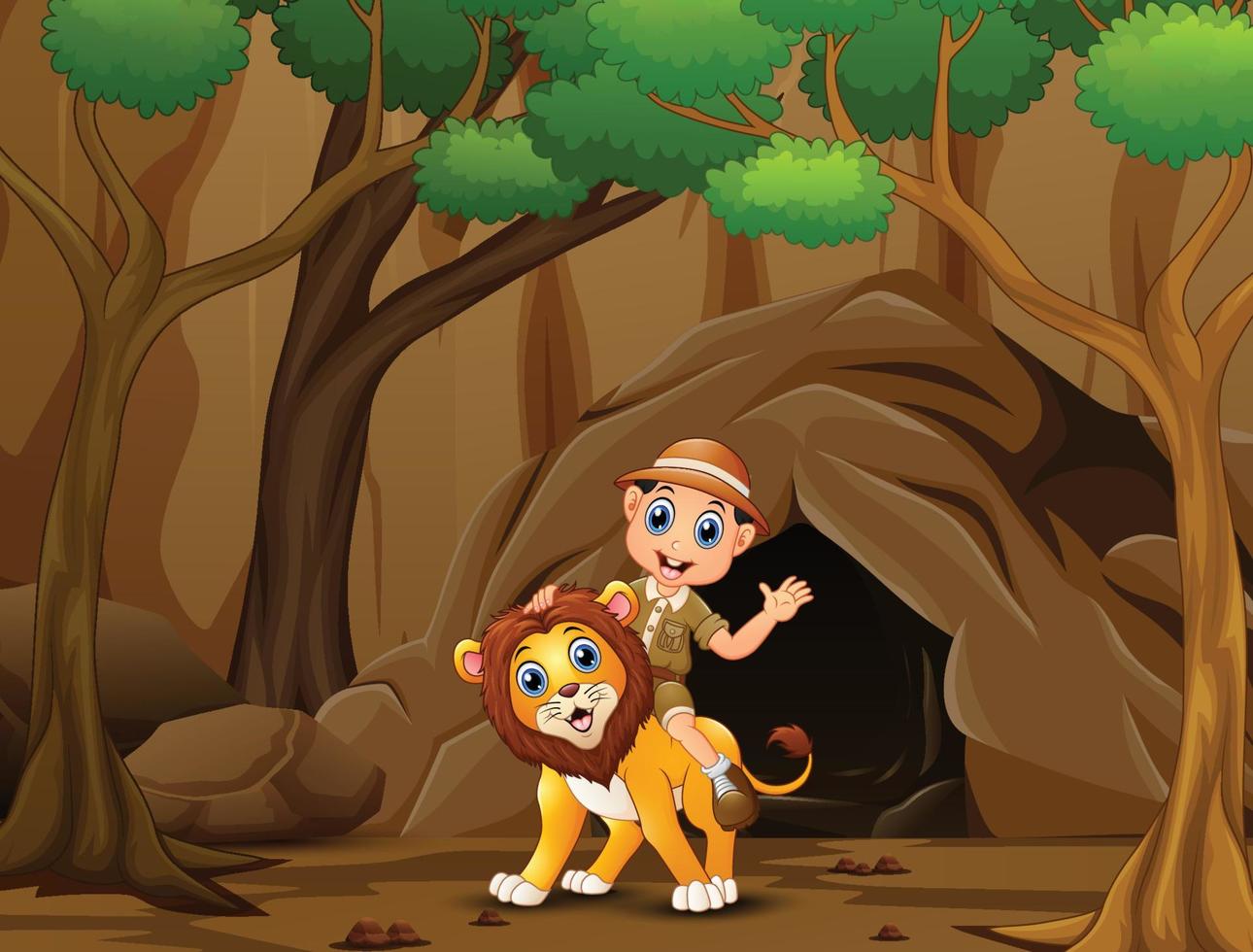 Happy zookeeper boy and lion in front the cave vector