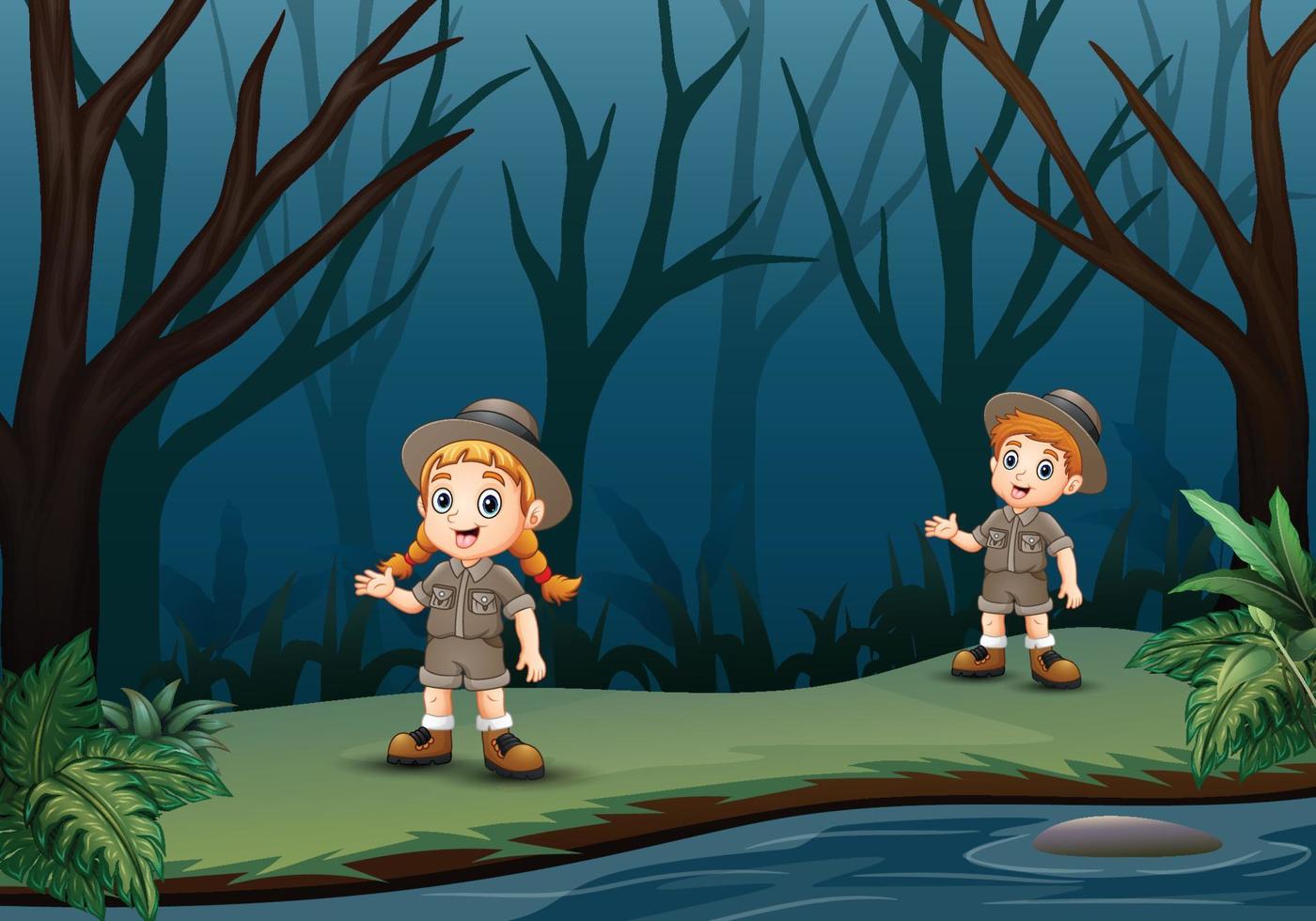 niño y niña exploradores están hablando en el bosque oscuro vector