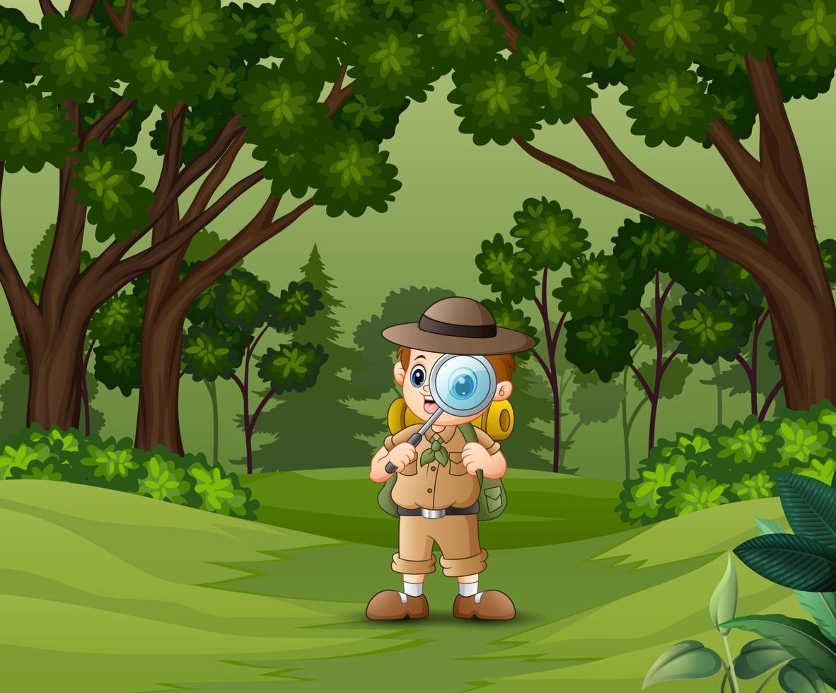 Boy explorer with magnifying glass in the forest vector