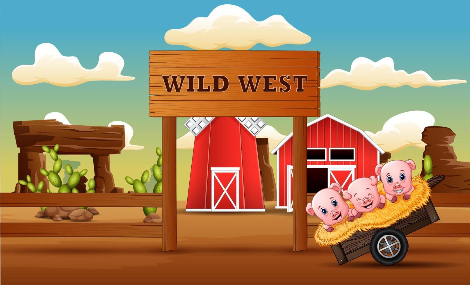 dibujos animados de cerdos frente a la puerta de una granja salvaje oeste vector