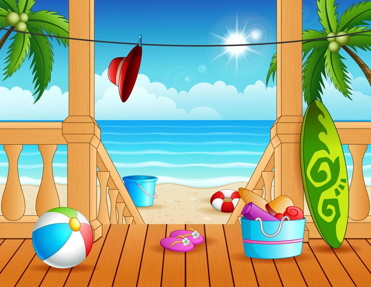 Terrace overlooking the beach with many toys vector