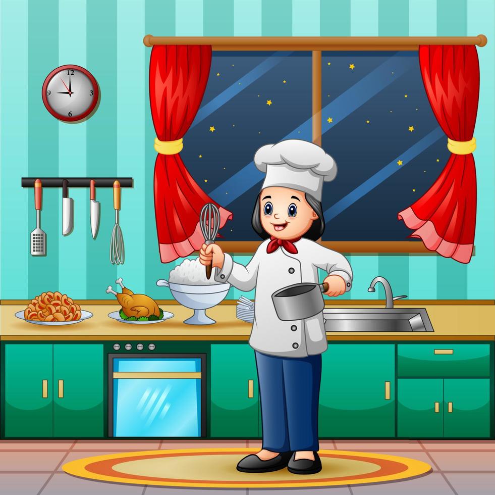 Old woman chef cooking in the kitchen vector