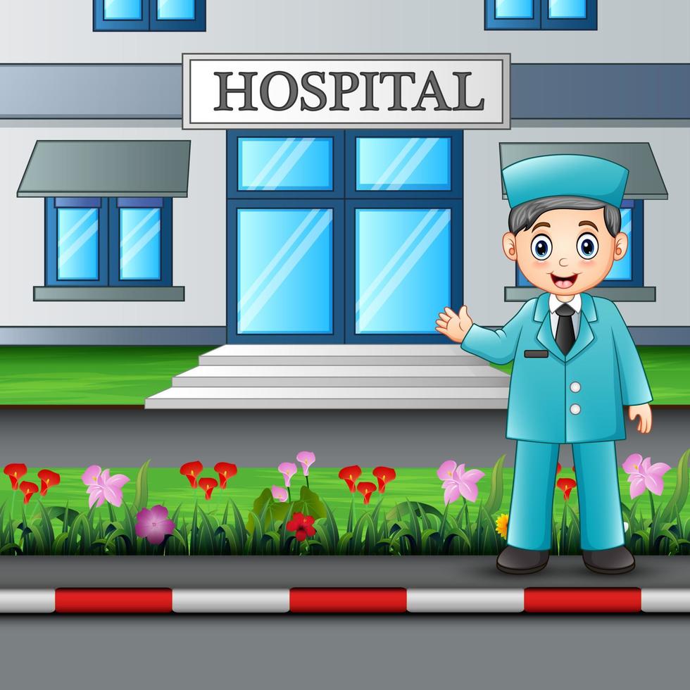 A doctor standing in front of hospital building vector