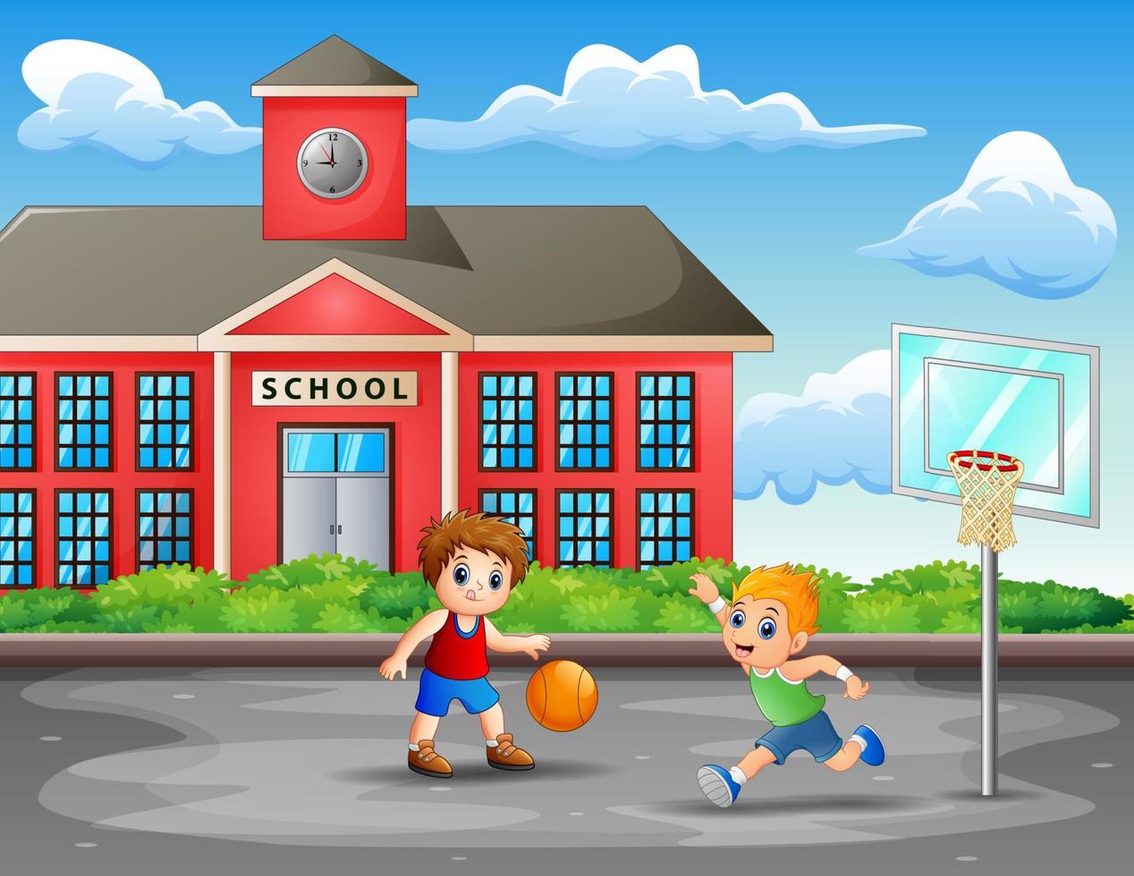 Two boys playing basketball at the court vector