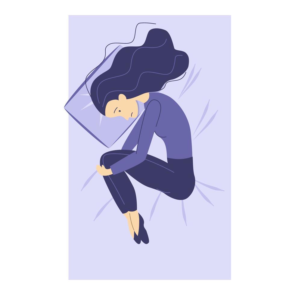 The lying woman is depressed. Vector flat illustration.