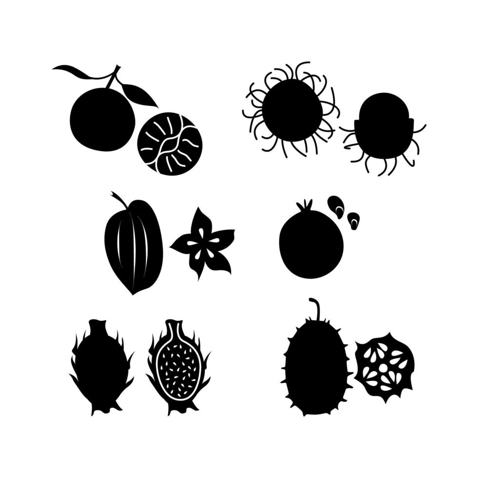 Black silhouettes on a white background, various exotis fruits. Vector illustration.