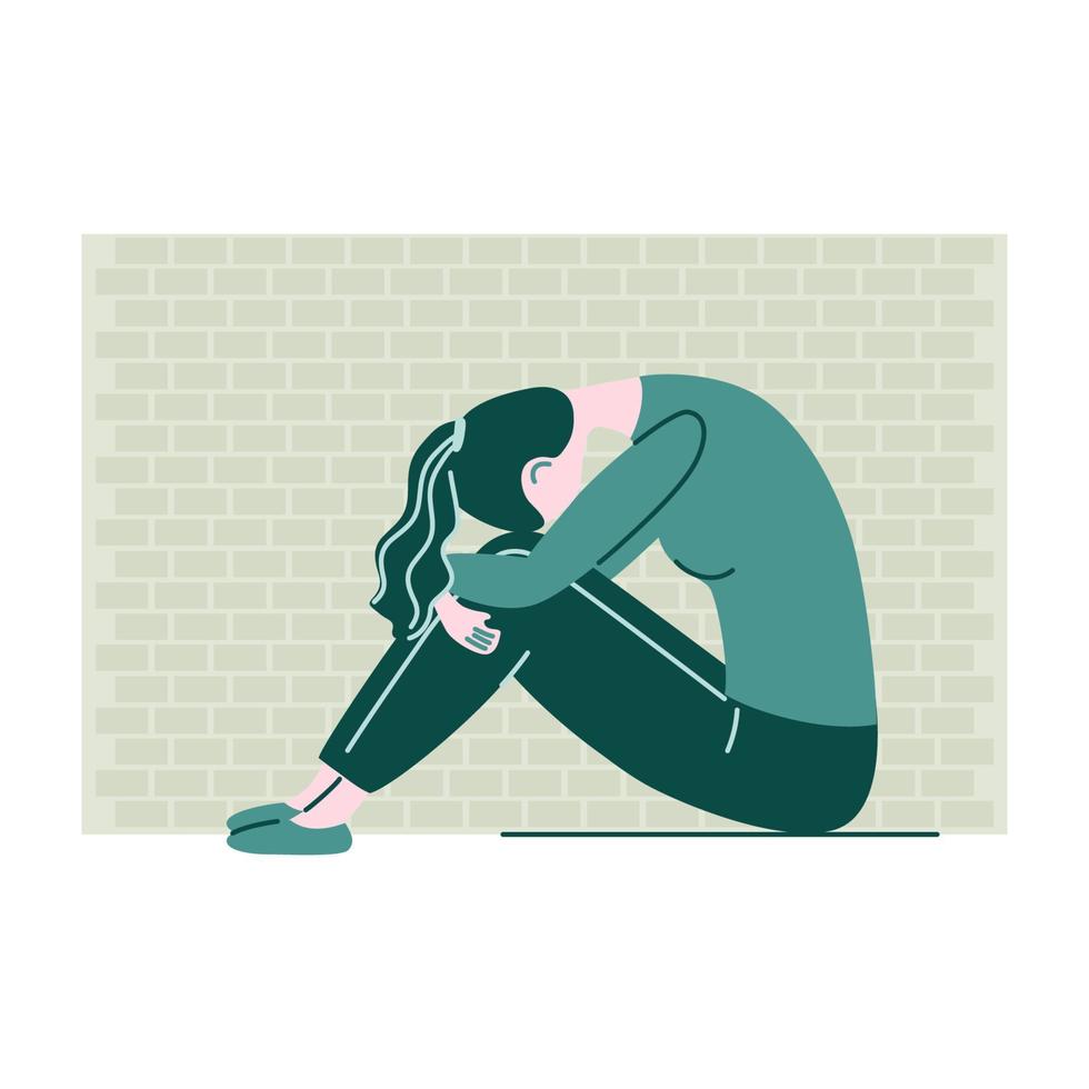 Woman in depression sitting near brick wall. Vector illustration in flat style.