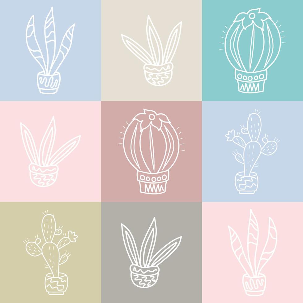 Seamless pattern with cacti, pots and squares. Vector illustration.