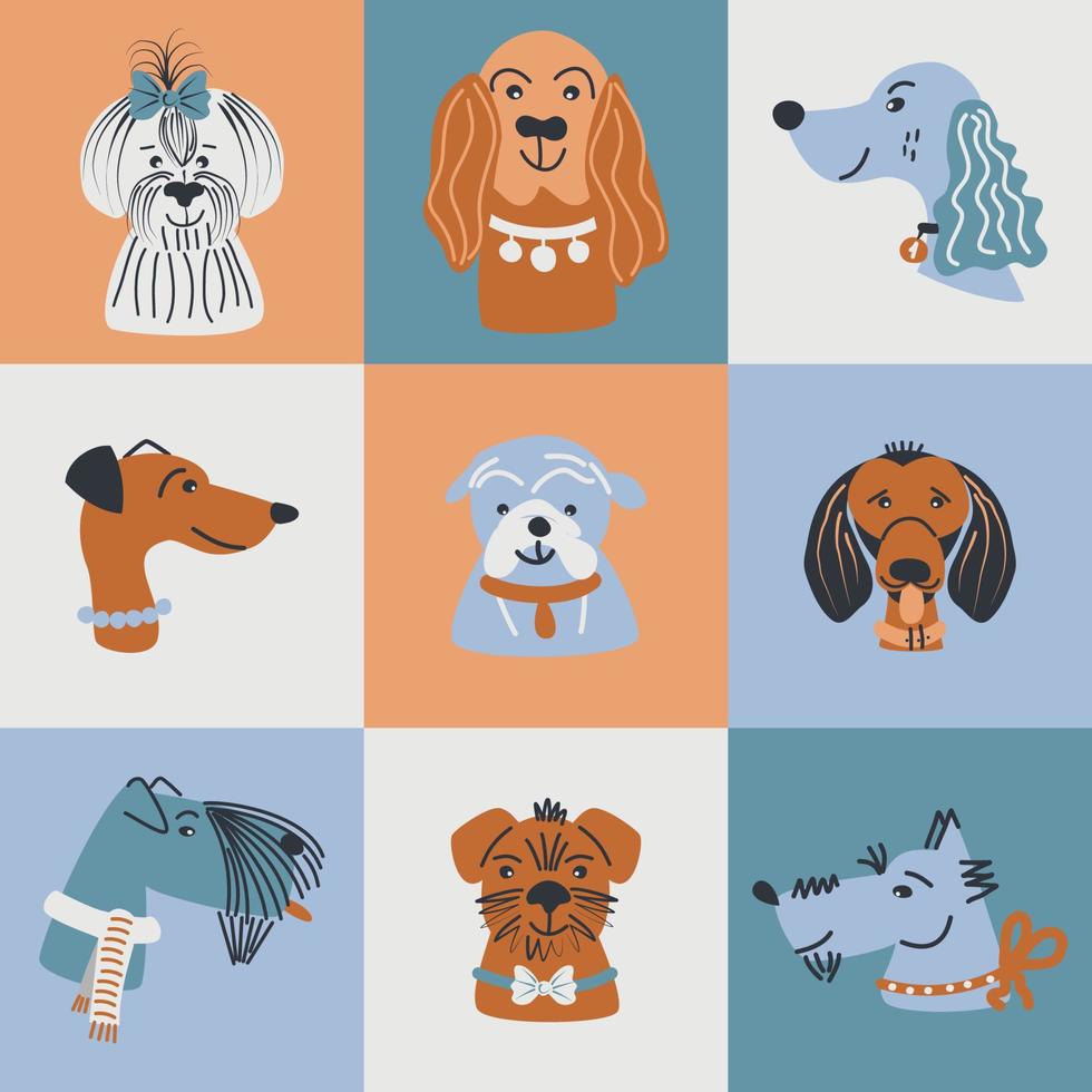 patrón sin fisuras con retratos de perros lindos. para niños y mascotas. ilustración vectorial. vector