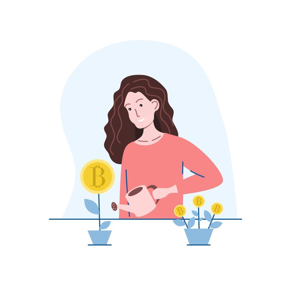 Girl watering bitcoin flower. Vector flat illustration.