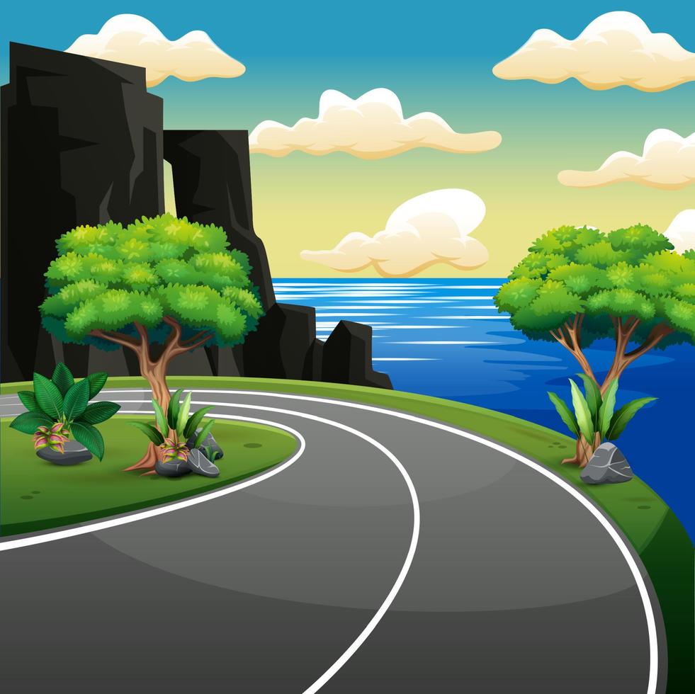 Country side road near the beach and tropical sea vector
