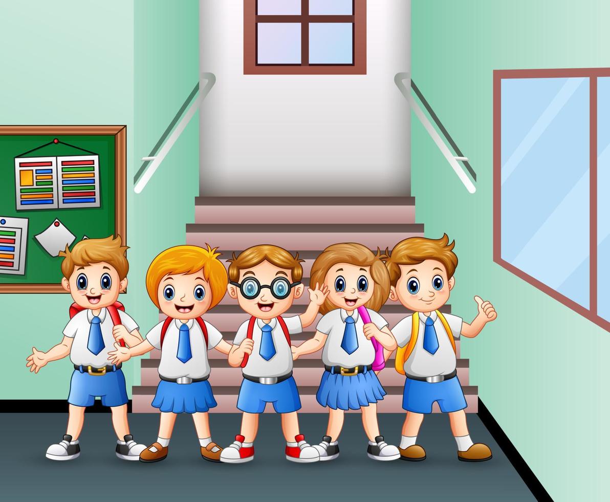 Student in uniform standing at school hallway vector