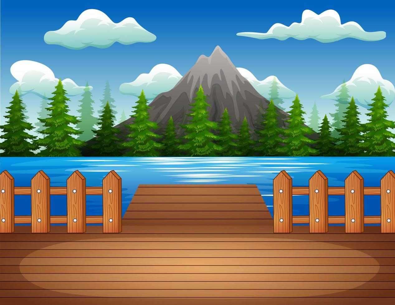 Wooden pier overlooking the lake and mountain vector