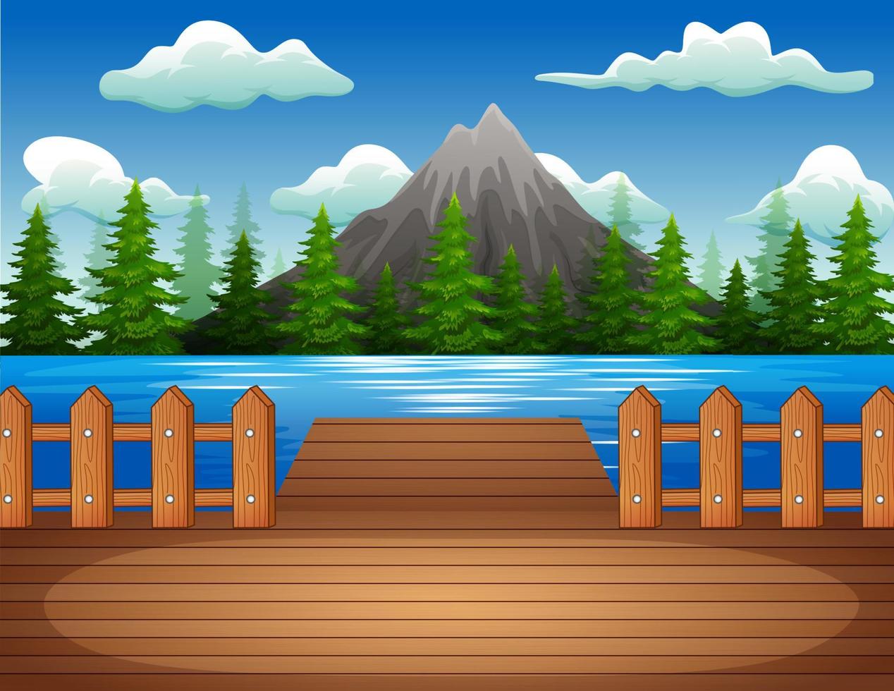 muelle de madera con vistas al lago y la montaña vector