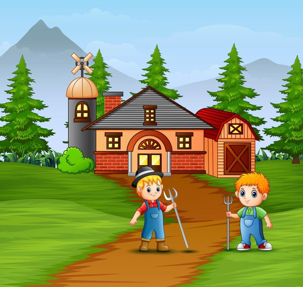 Farmers working in the farmhouse background vector