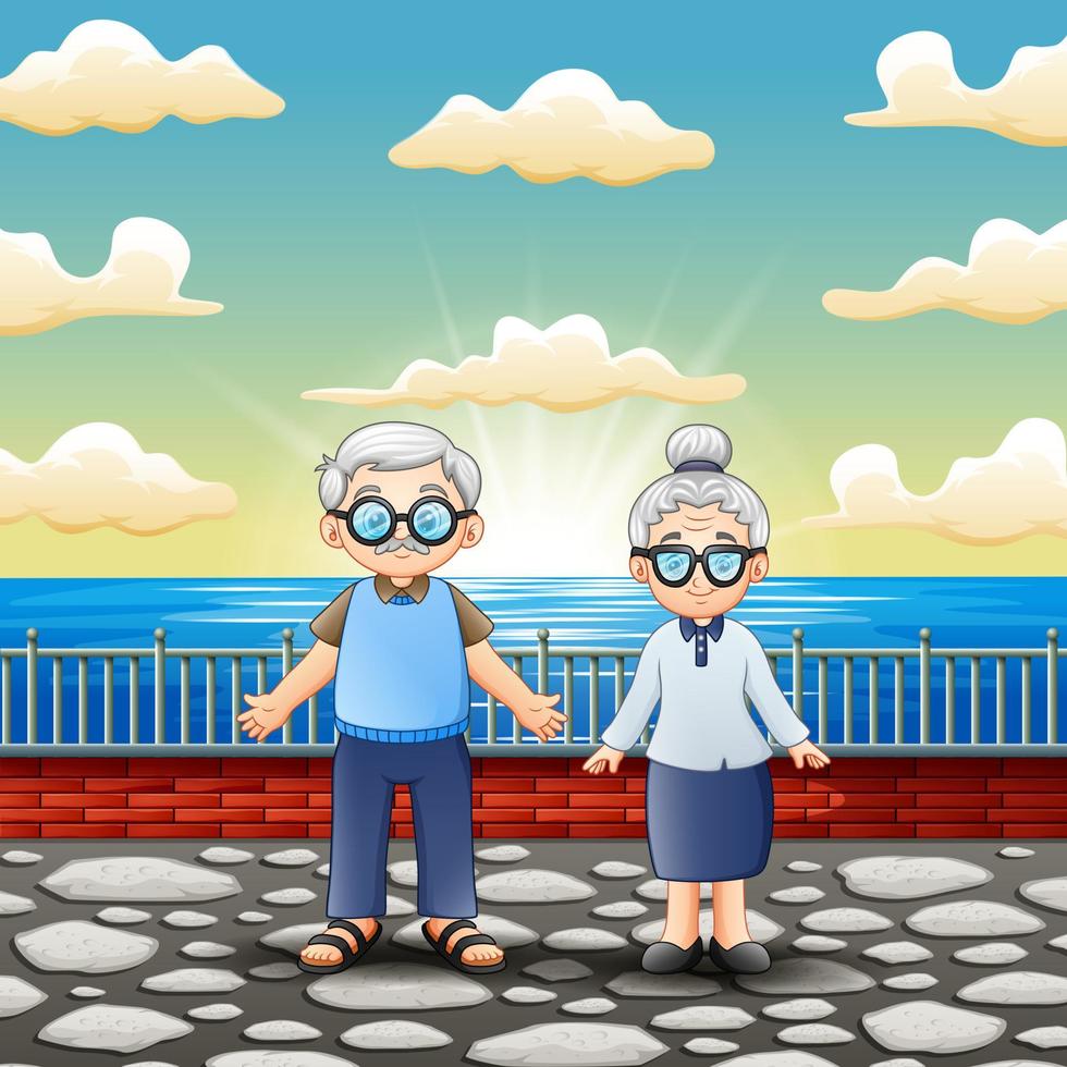 Happy old couple standing near the sea vector