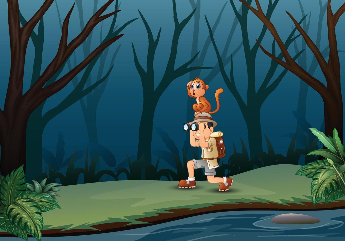 Boy using binoculars with a monkey in the dark forest vector