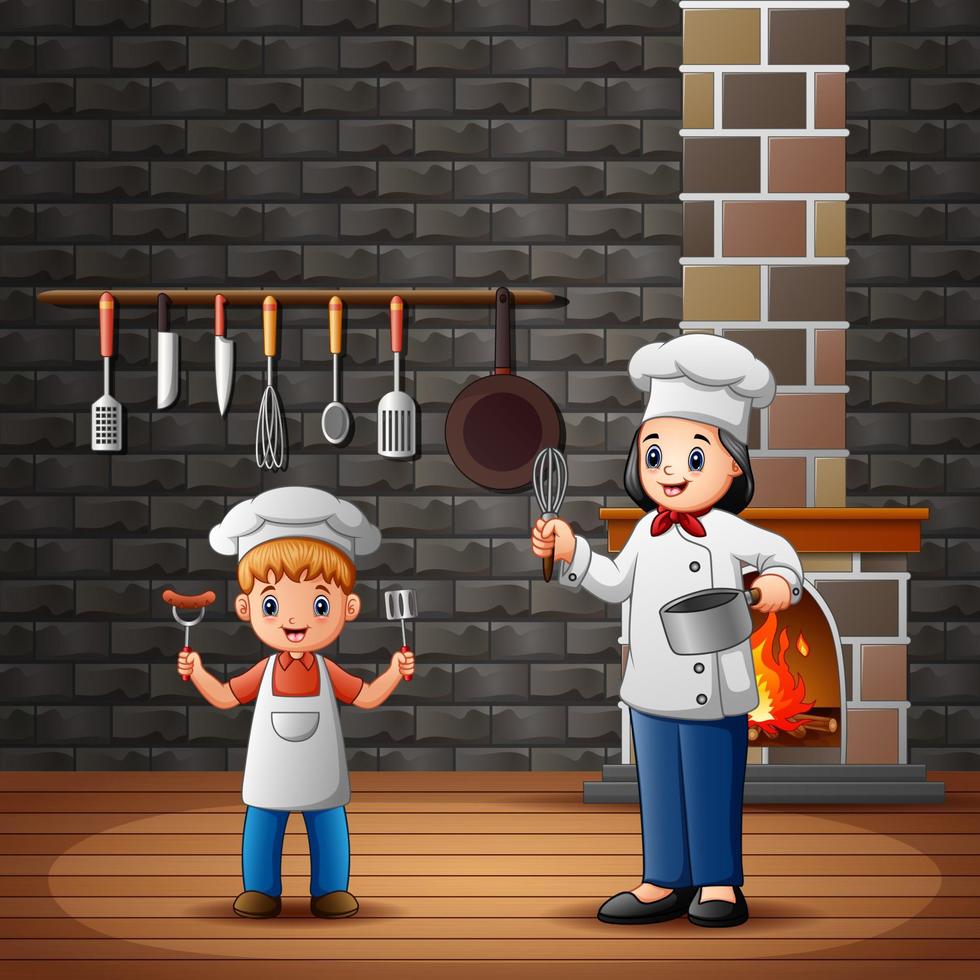 A mother and her son in the kitchen vector