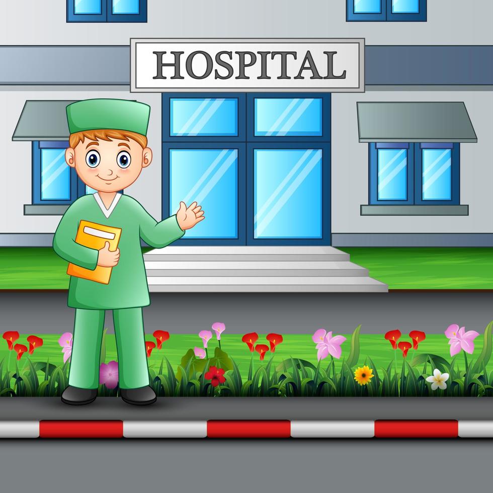 Man nurse standing in front of hospital building vector