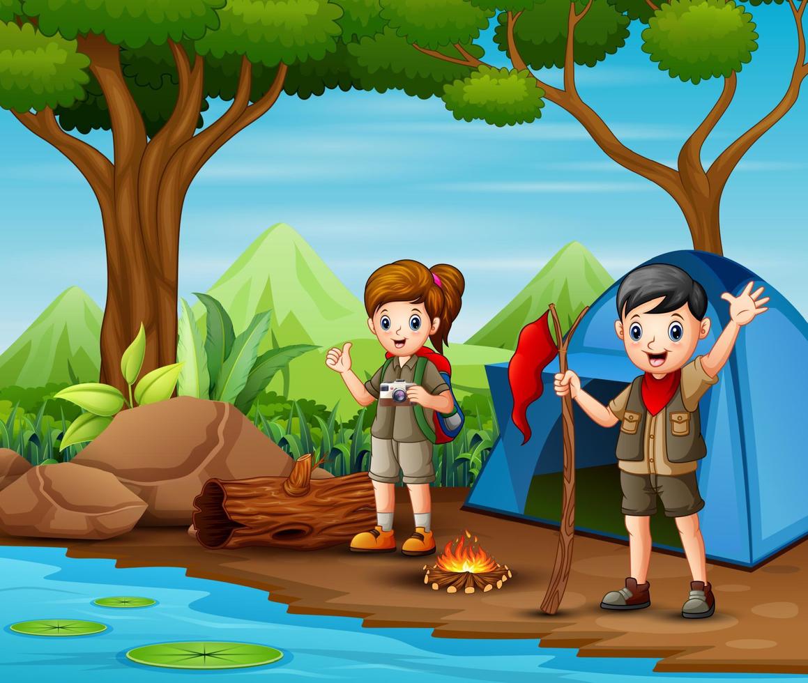 Scout boy and girl in uniform exploring the forest vector