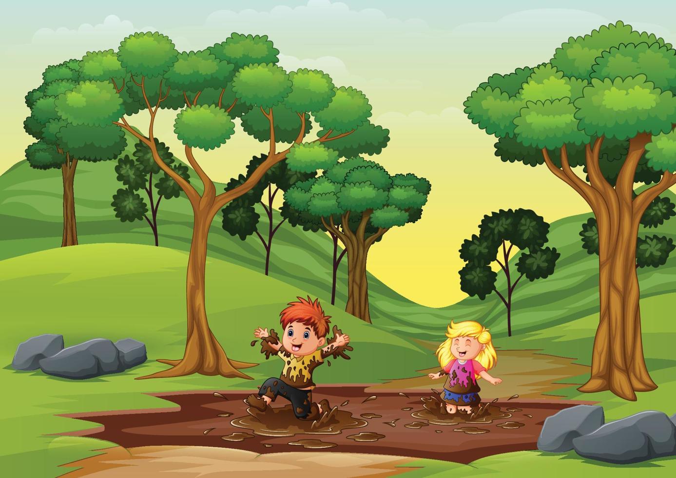 Happy kids playing a mud puddle in the nature vector
