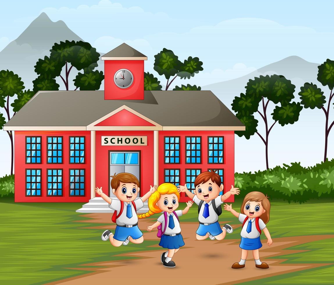 Happy children with backpack on school building background vector