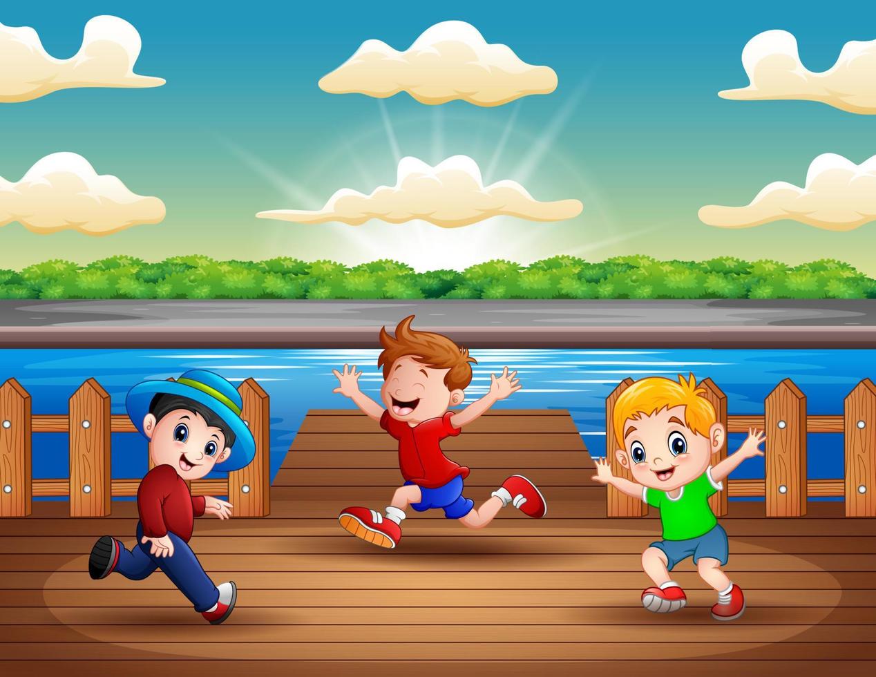 Illustration of three boys running at the port vector