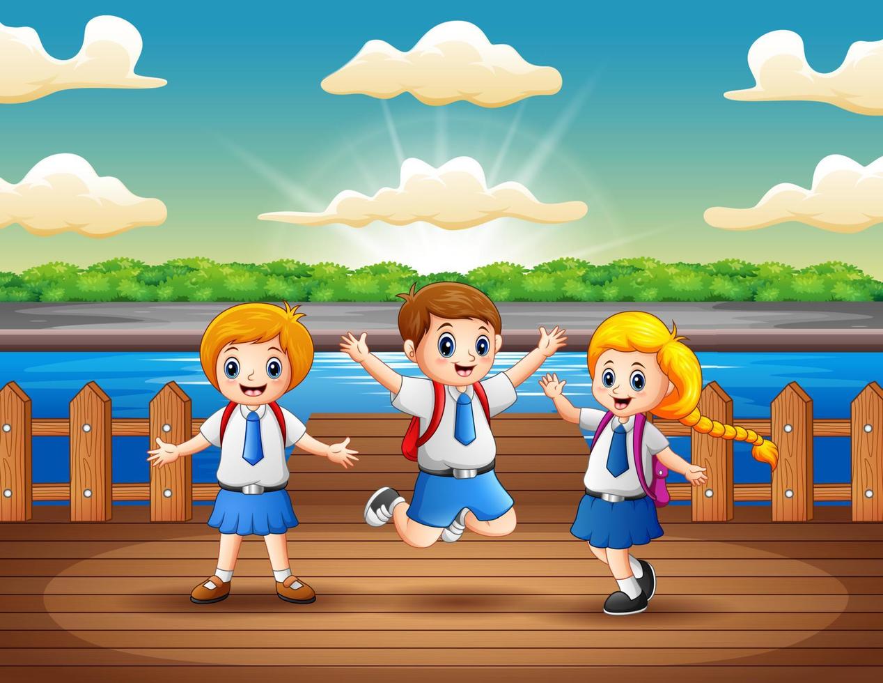 School children having fun at the wooden pier vector