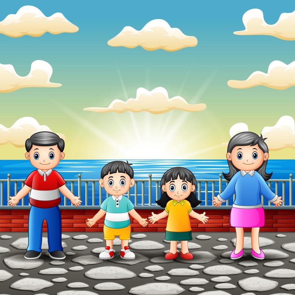 Happy family standing at the seaport vector