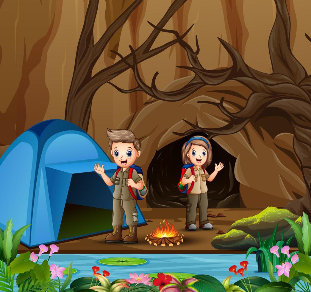 Young scout in the camping zone scene vector