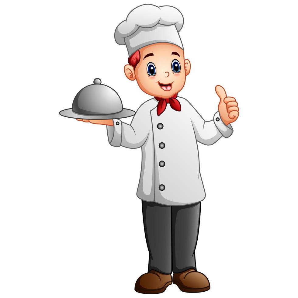 Chef holding a metal food platter and showing thumb up vector