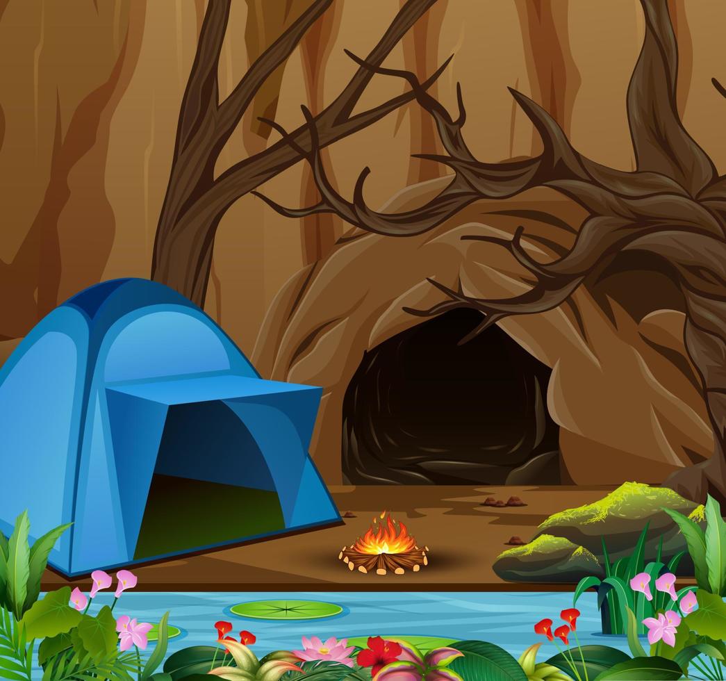 Background of camping out near the cave vector