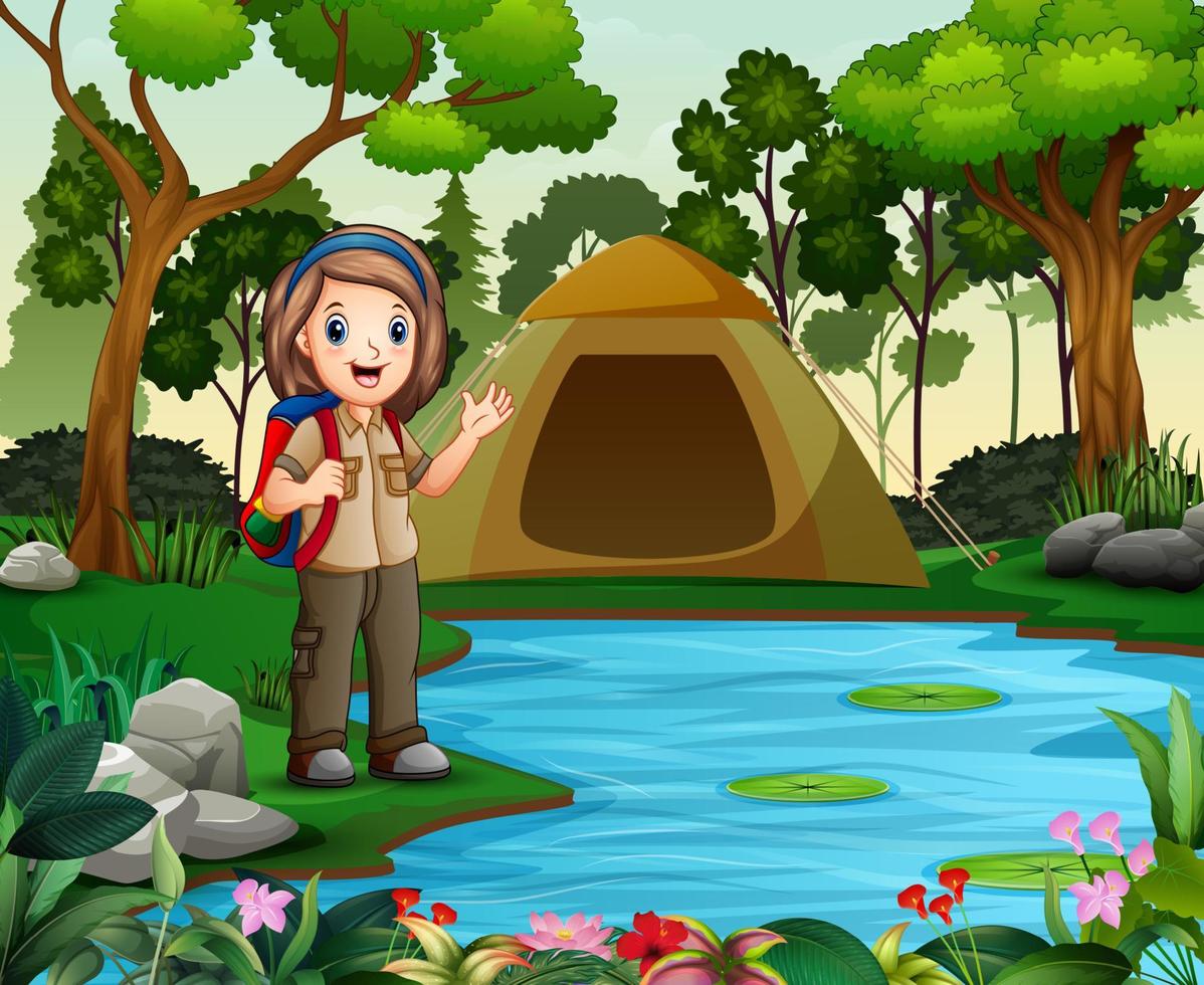 Scout girl on outdoor with tent and backpack vector