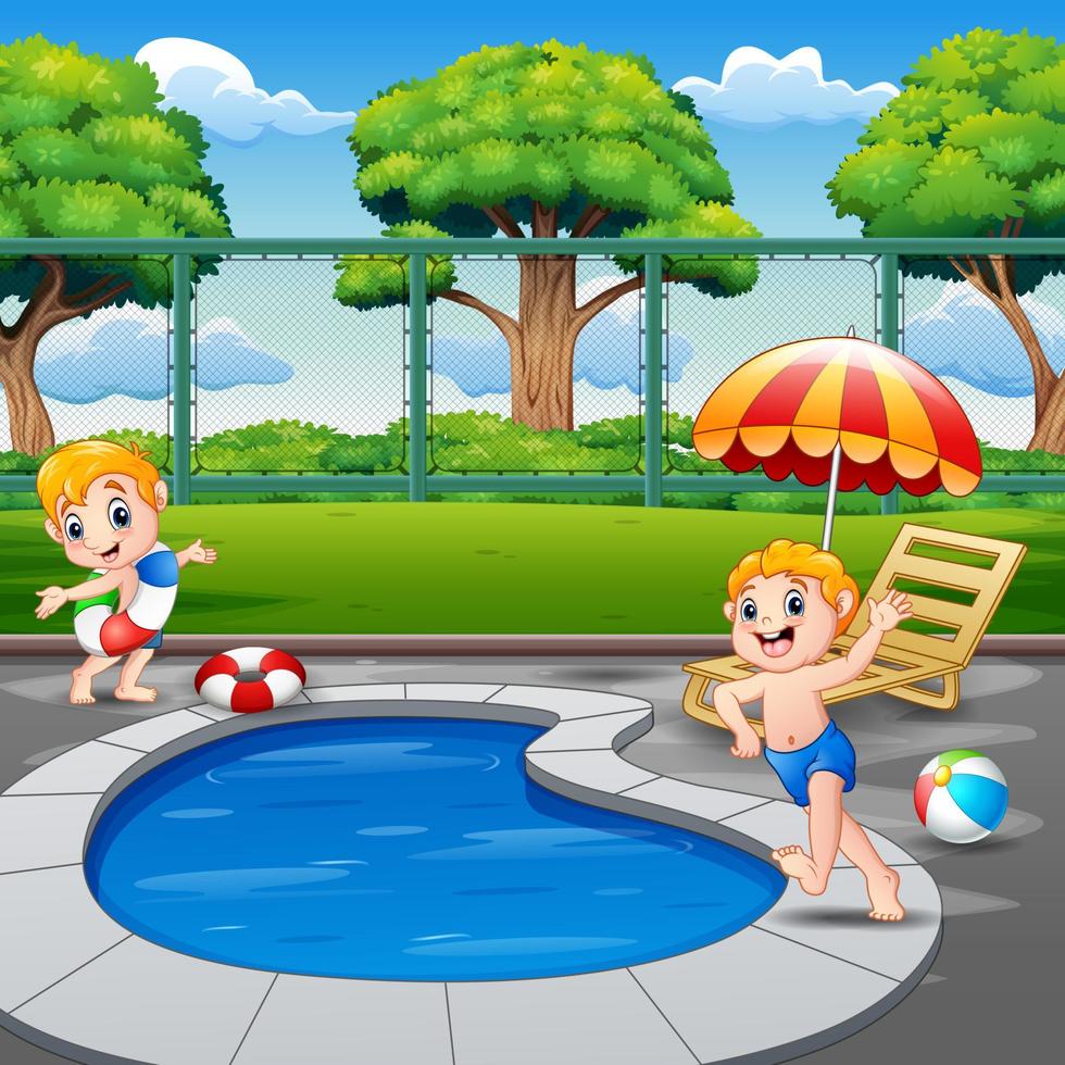 dos niños corriendo en el borde de la piscina en el patio trasero vector