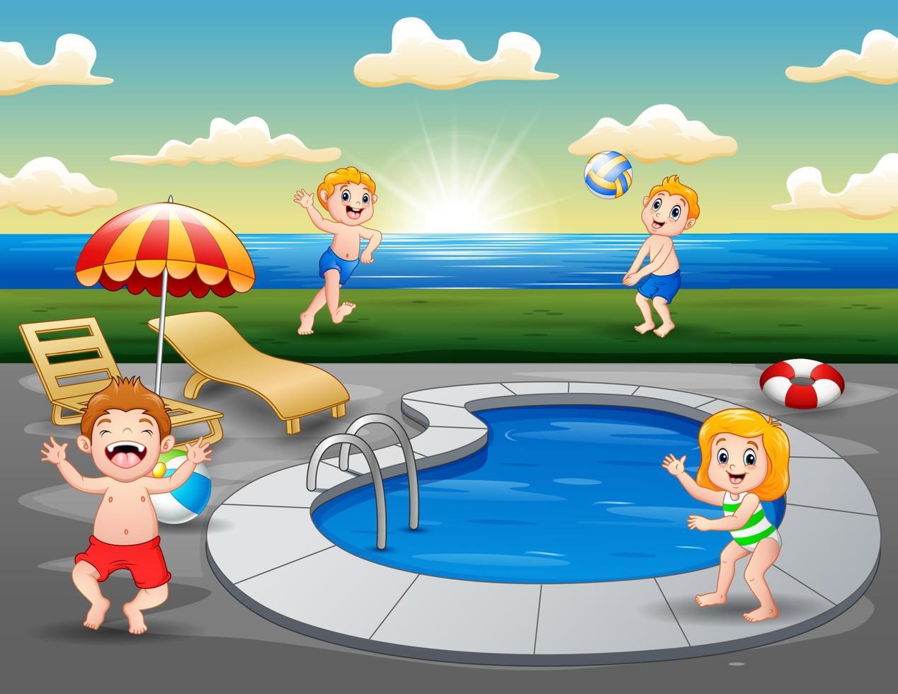 Children playing in outdoor swimming pool on the beach vector