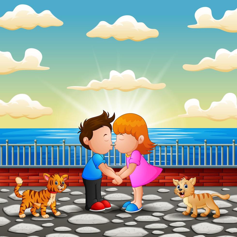 Illustration of Couple cartoon kissing on the bridge vector