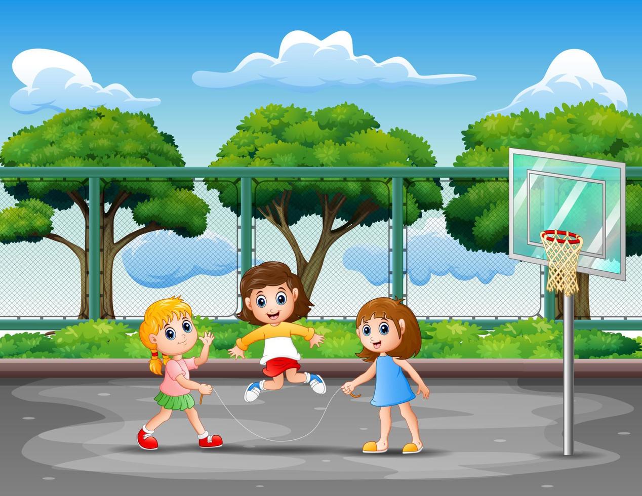 Girls playing jumping rope in the basketball court vector