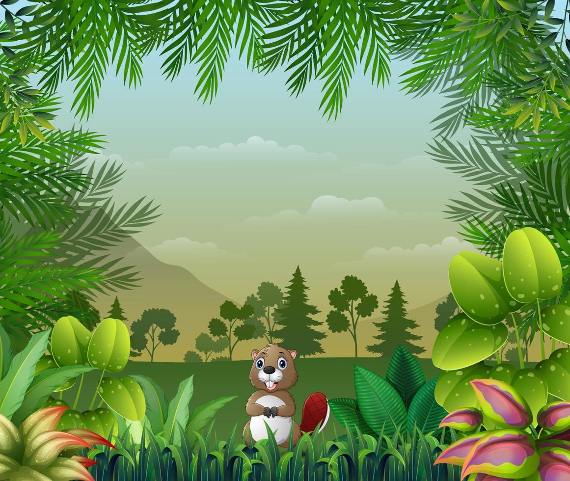 Jungle themed background with a beaver vector