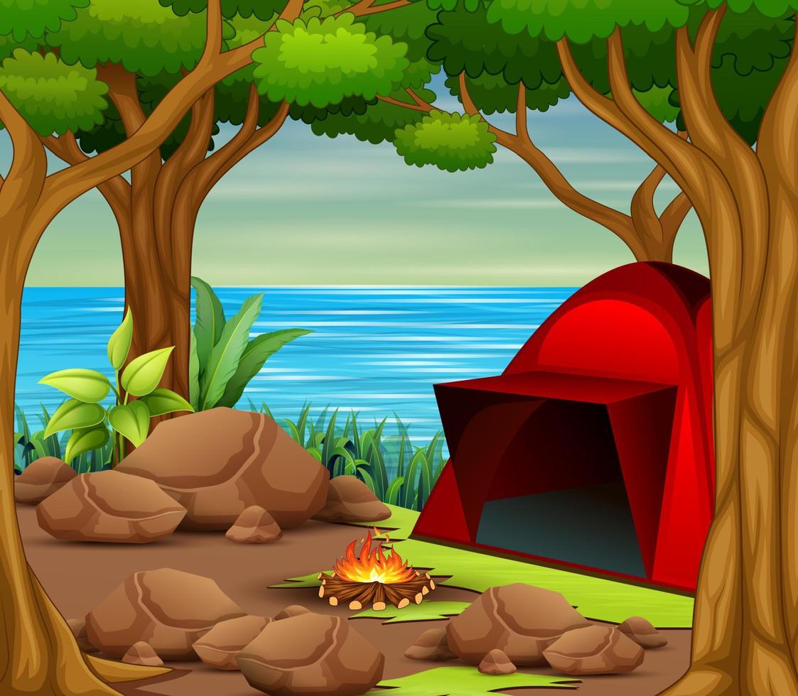 Camping tent with bonfire by the river vector